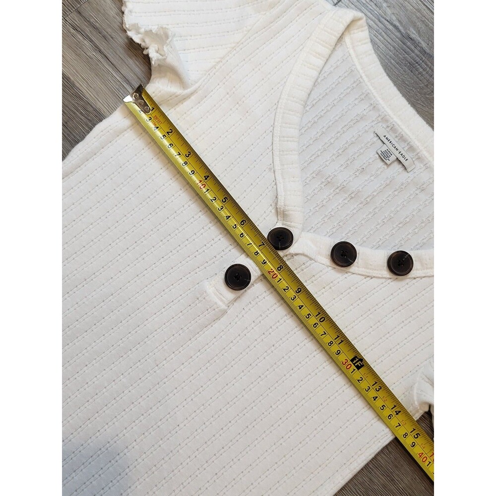 AMERICAN EAGLE top size small ivory ribbed henley short sleeve fitted y2k - Picture 3 of 6